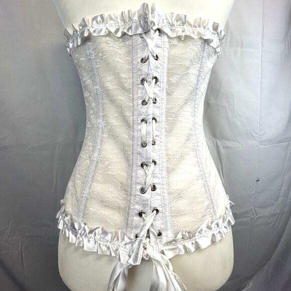 Corset Overbust size xl White bridal lace up back zipper front NwoT Lots of room - Picture 2 of 10